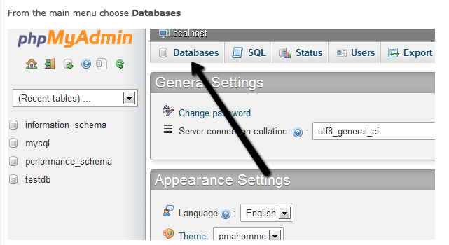 phpmyadmin create database